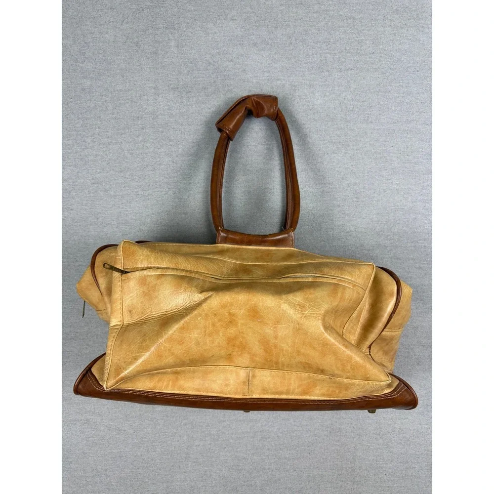Vintage 60s Duffel Bag Tan Faux Leather Weekender Travel Luggage Brown Trim